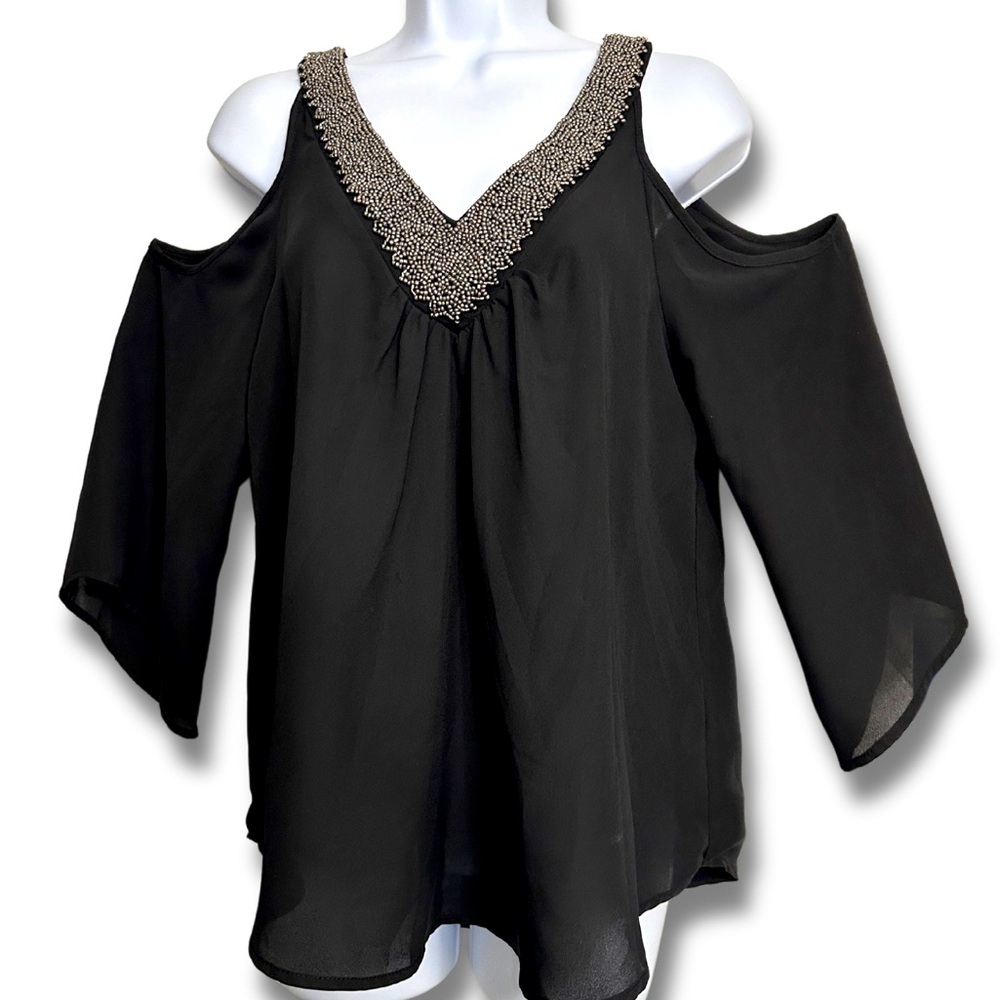 Socialite Cold Shoulder Sheer Black Top Beaded Detail V Neck Women’s Size Medium